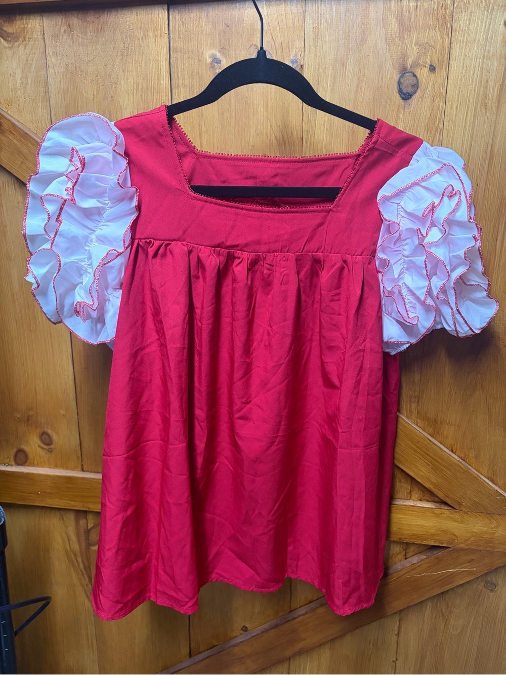 Vintage Red Top with White Ruffled Puff Sleeves